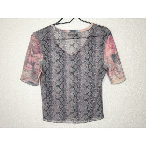 AGOLDE Vintage Mesh Top Y2K 00s Sheer Small Snake Print Mixed Media Romantic - Picture 8 of 10